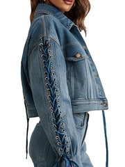 Women's Cropped Blue Stylish Lace-Up Sleeves Denim Jacket