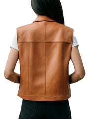 Women's Floral Pattern Elegant Design Brown Leather Vest