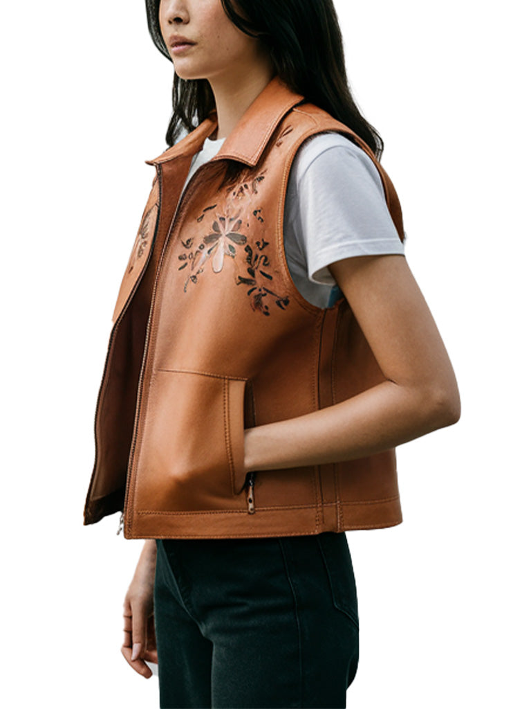 Women's Floral Pattern Elegant Design Brown Leather Vest