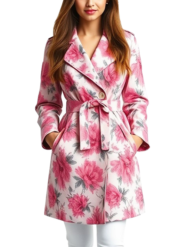 Women's Floral Print Belted Trench Coat