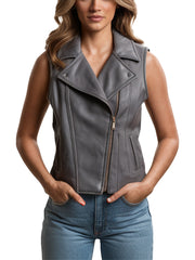 Women's Gray Sleeveless Biker Leather Vest with Zipper Closure