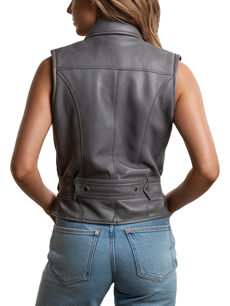 Women's Gray Sleeveless Biker Leather Vest with Zipper Closure