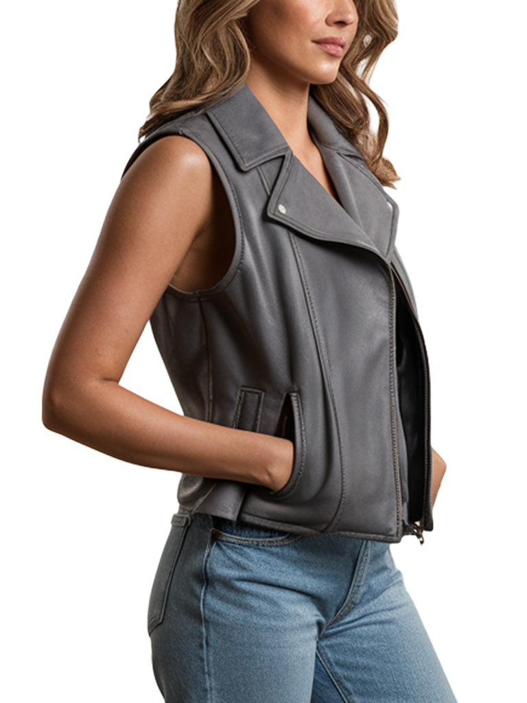 Women's Gray Sleeveless Biker Leather Vest with Zipper Closure