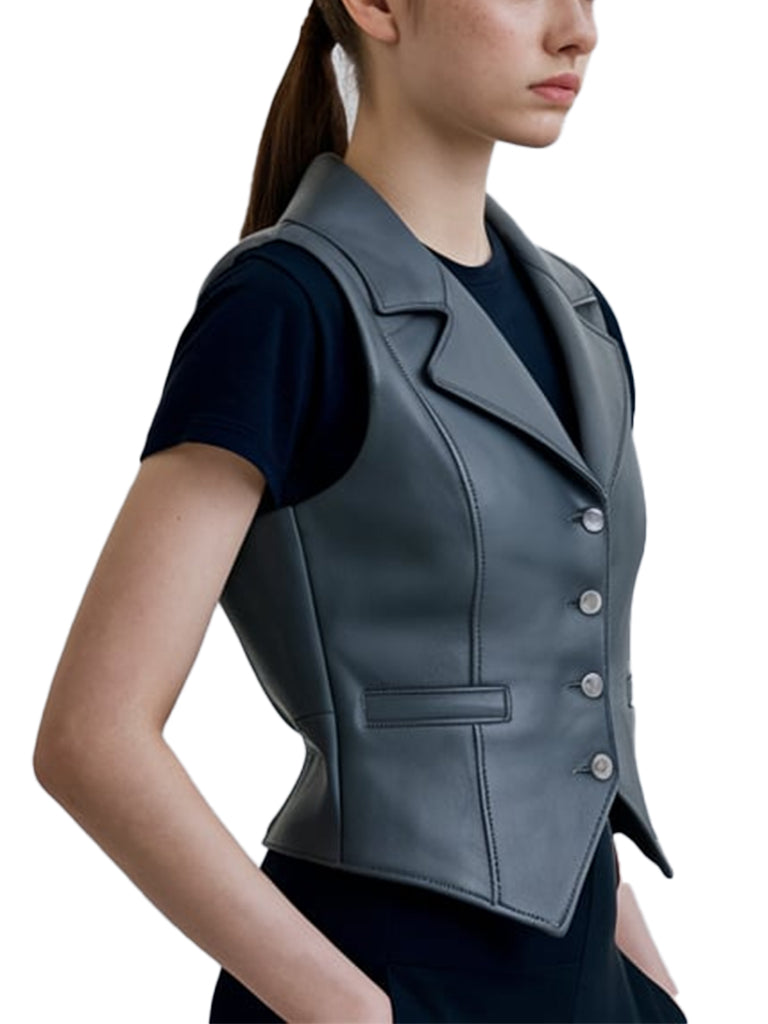 Women's Grey Oasis Leather Vest With Button Closure