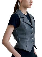 Women's Grey Oasis Leather Vest With Button Closure