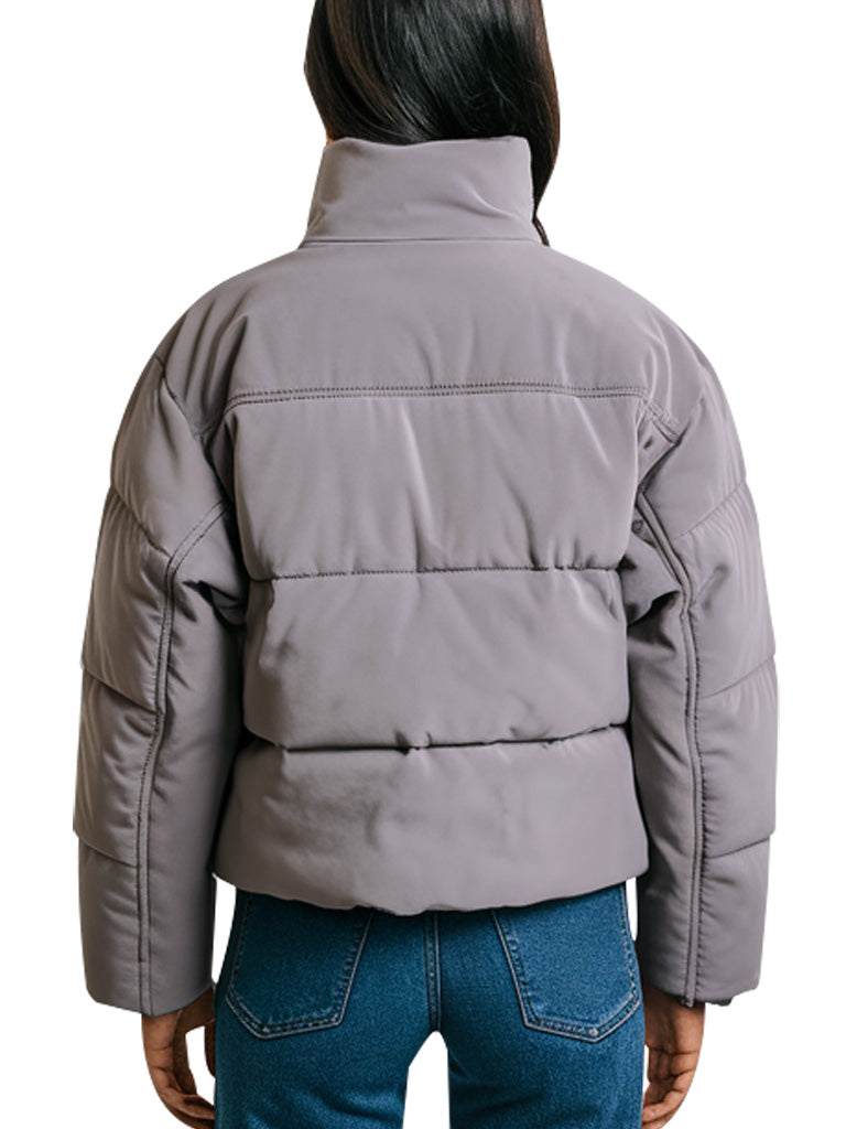 Women's Grey Puffer Jacket With High Collar