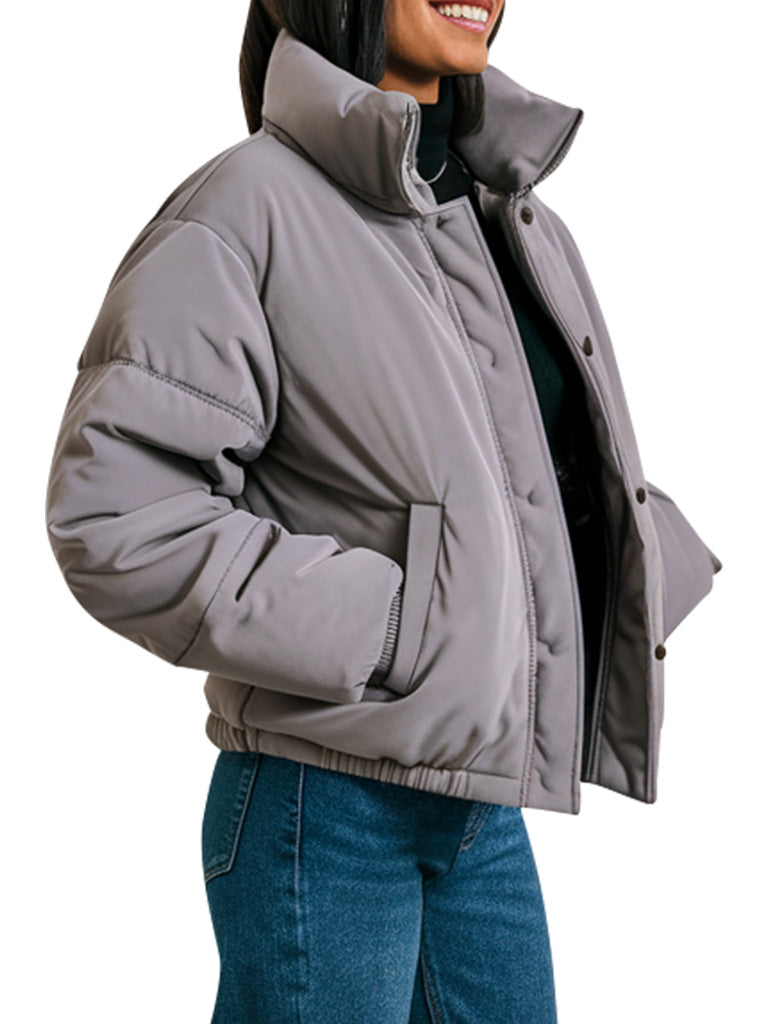 Women's Grey Puffer Jacket With High Collar