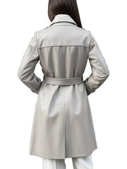 Women's Light Grey Belted Leather Trench Coat