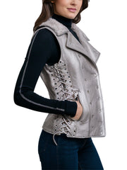 Women's Metallic Silver Lace-Up Leather Vest with Shearling Collar