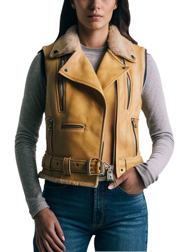 Women's Mustard Leather Shearling Collar Biker Vest