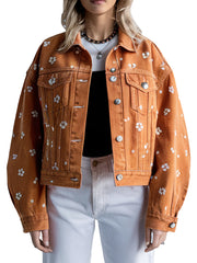 Women's Orange Floral Printed Cropped Denim Jacket