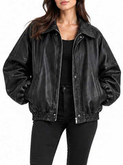 Women’s Oversized Black Leather Bomber Jacket