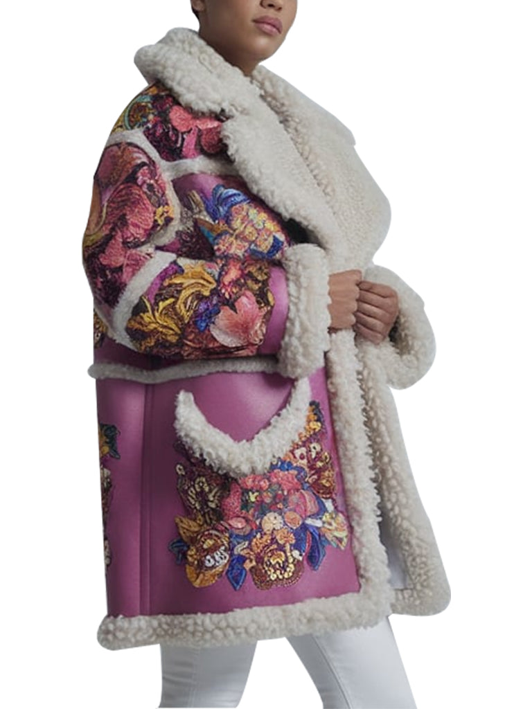 Women's Pink Floral Printed Shearling Coat