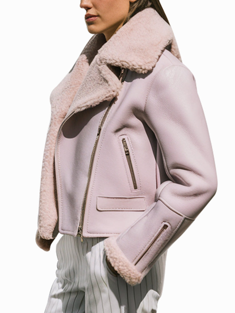 Women's Pastel Pink Genuine Shearling Couture Biker Jacket