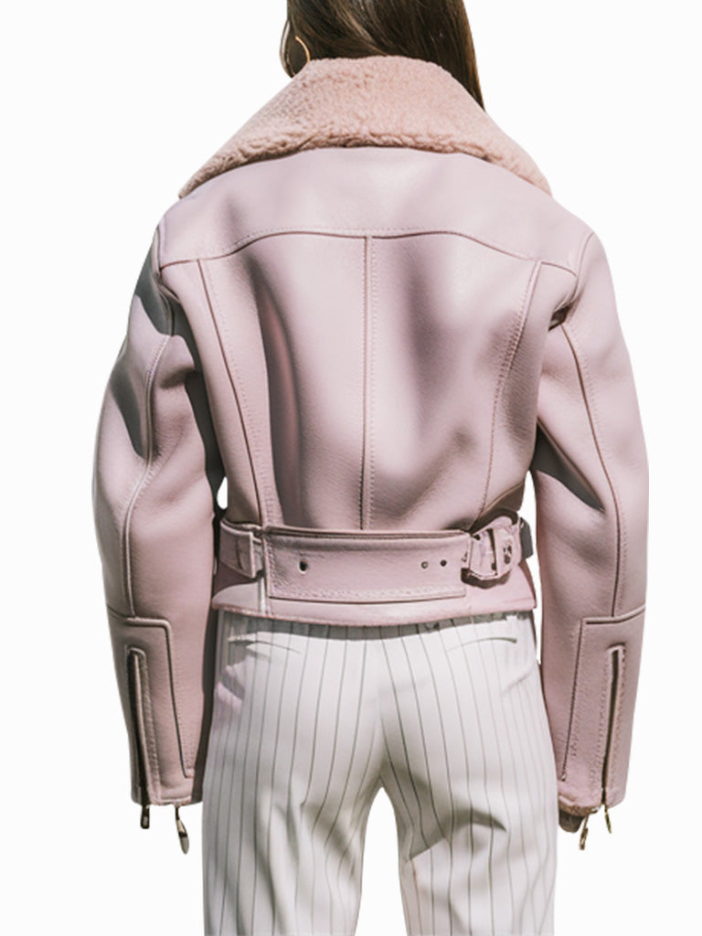 Women's Pastel Pink Genuine Shearling Couture Biker Jacket