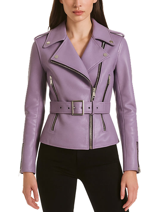 Womens Purple Esmeralda Belted Biker Jacket