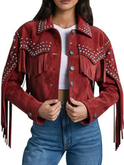 Women's Red Suede Studded Fringe Jacket