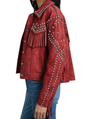 Women's Red Suede Studded Fringe Jacket