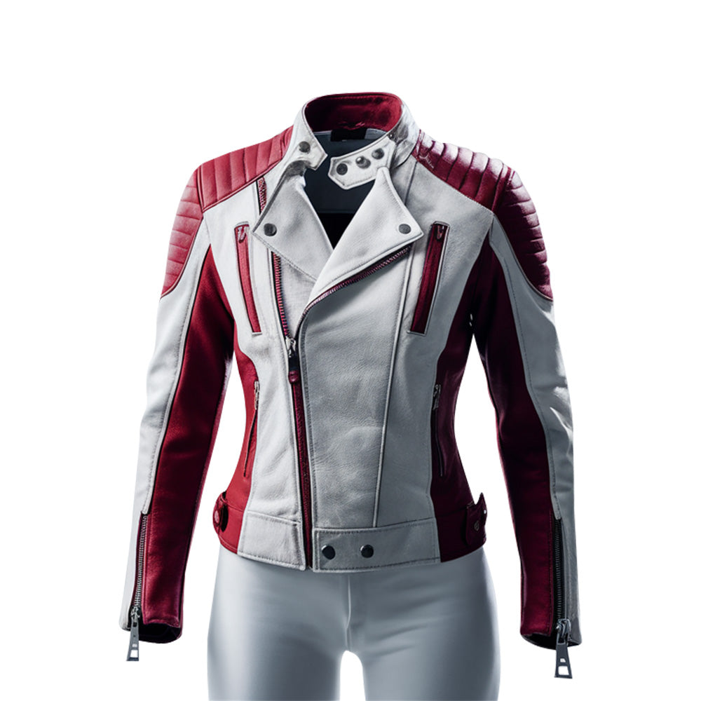 Women’s Red and White Leather Coltello Moto Biker Jacket