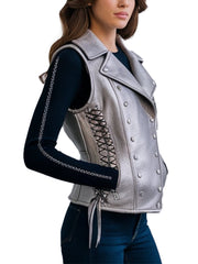 Women's Silver Leather Vest With Lace-Up Sides