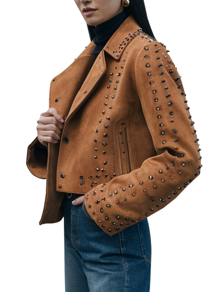 Women's Studded Brown Suede Biker Jacket