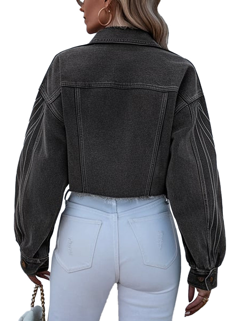 Women's Stylish Black Cropped Casual Denim Jacket