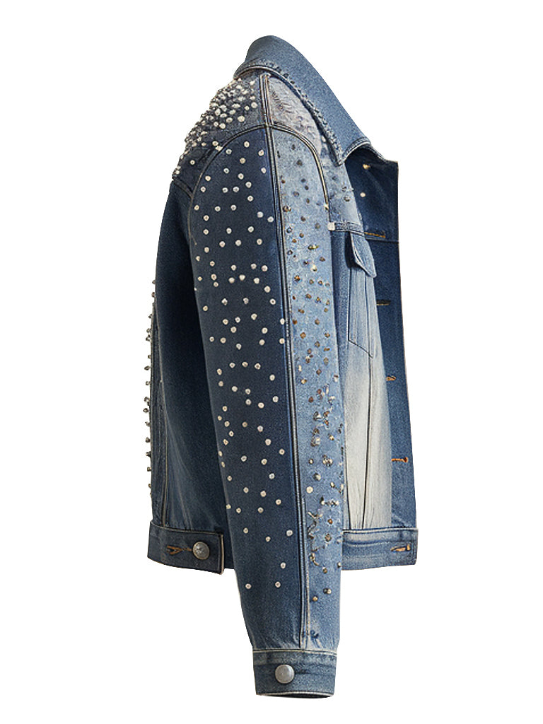 Women's Trendy Blue Denim Jacket With Pearl Stud Embellishments