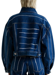 Women's Versatile Blue Denim Jacket with White Stripe Detailing