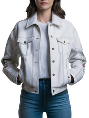 Women's White Denim Jacket With Floral Embroidery