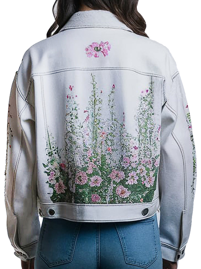 Women's White Denim Jacket With Floral Embroidery