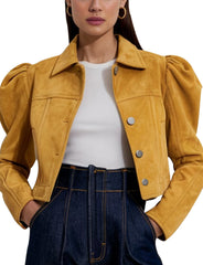 Women's Yellow Cropped Suede Jacket with Puff Sleeves