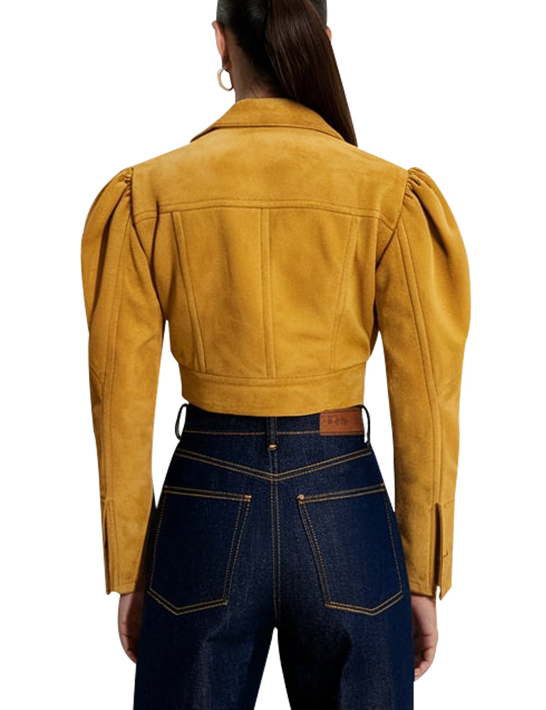 Women's Yellow Cropped Suede Jacket with Puff Sleeves