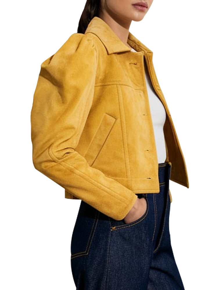 Women's Yellow Cropped Suede Jacket with Puff Sleeves