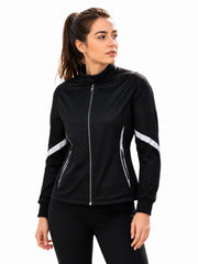 Woman wearing black perforated mesh track jacket with reflective stripe — front view