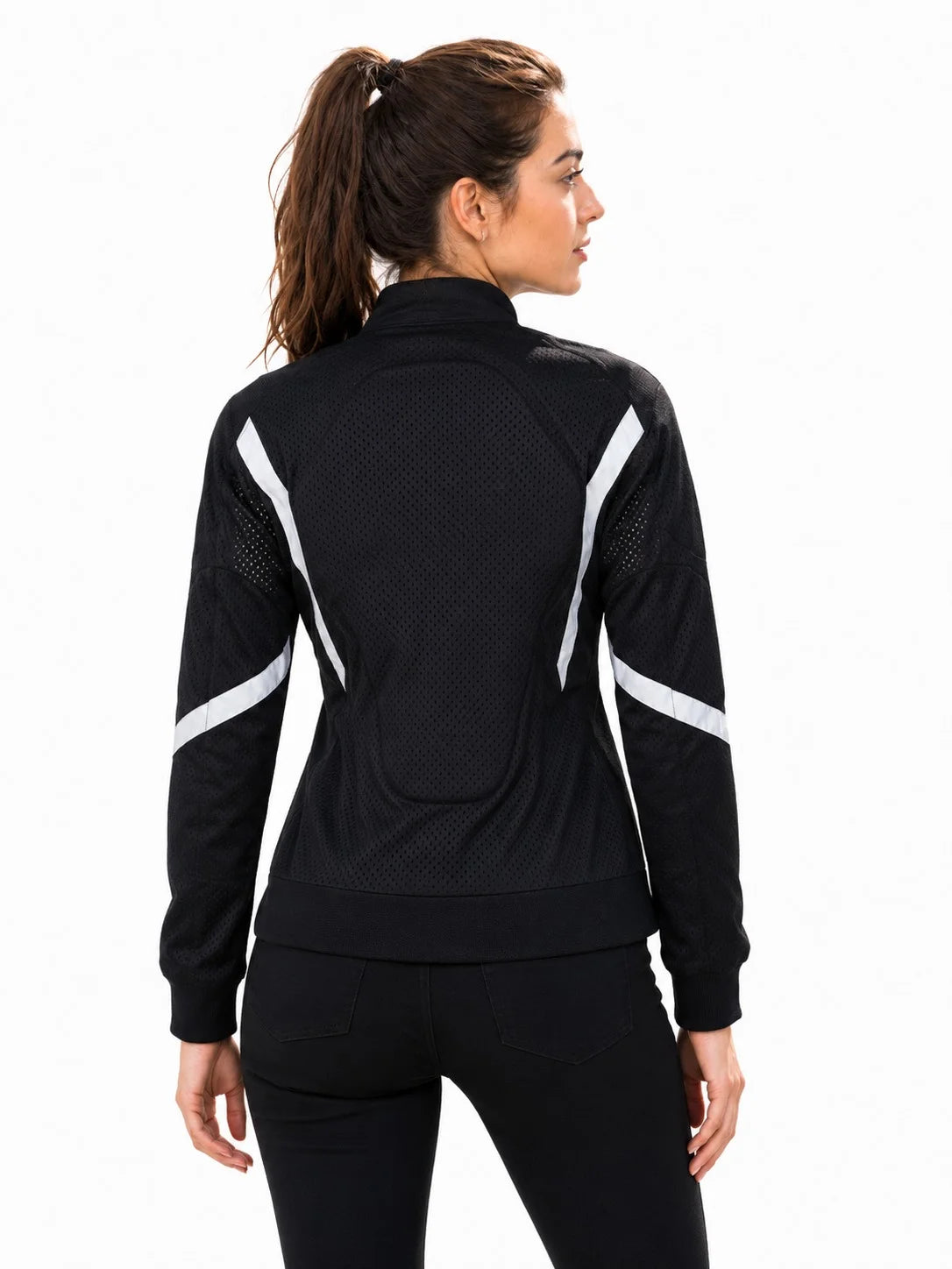 Black mesh training jacket with reflective sleeve stripe