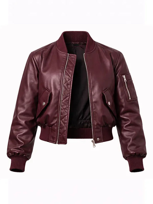 Women’s Burgundy Cropped Zip-Up Leather Bomber Jacket 
