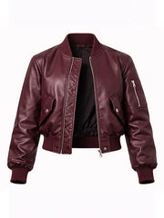 Women’s Burgundy Cropped Zip-Up Leather Bomber Jacket 