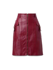 Women’s Red Leather Midi Skirt | Front Pocket Zip-Up Skirt