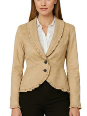 Women’s Suede Beige Ruffled Blazer – Elegant Slim-Fit Peplum Jacket
