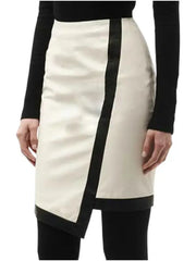 Women’s Two-Tone Black and White Leather Pencil Skirt | Asymmetrical Wrap Design