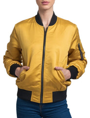 Women's Bold Yellow Satin Bomber Jacket With Black Accents