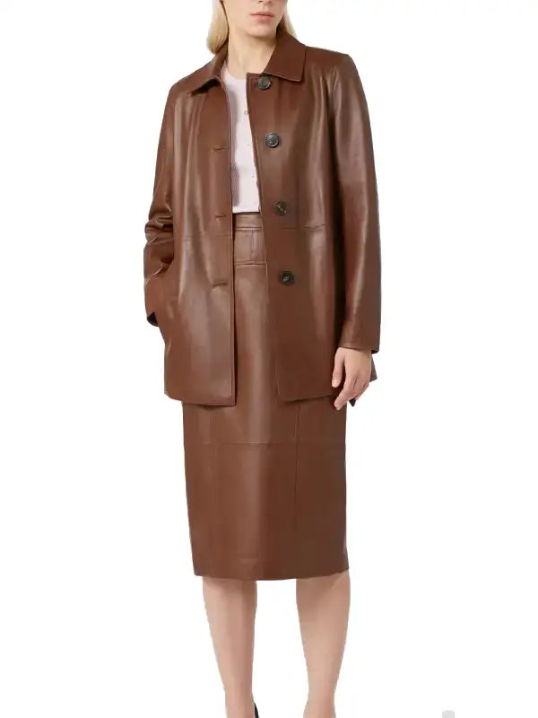 Women’s Brown Leather Jacket with Matching Skirt