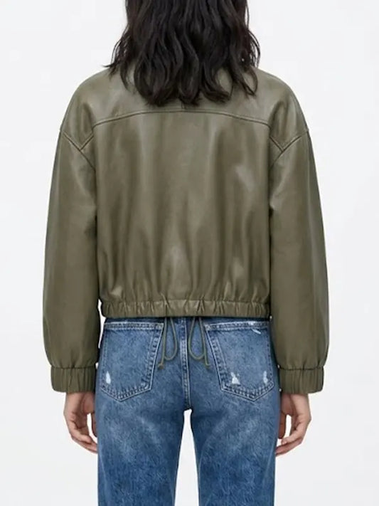 Women's Green Oversized Leather Bomber Jacket