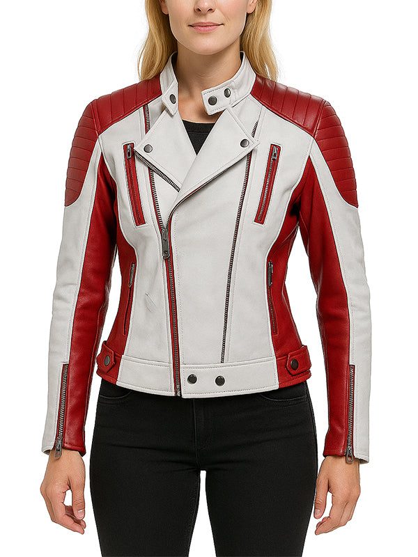 Women Red and White Leather Coltello Moto Biker Jacket