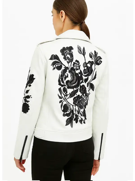 Women Rose Embroidered Euphoria Biker Leather Jacket