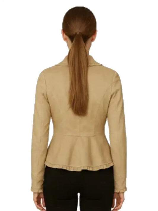 Women’s Suede Beige Ruffled Blazer – Elegant Slim-Fit Peplum Jacket