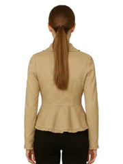 Women’s Suede Beige Ruffled Blazer – Elegant Slim-Fit Peplum Jacket