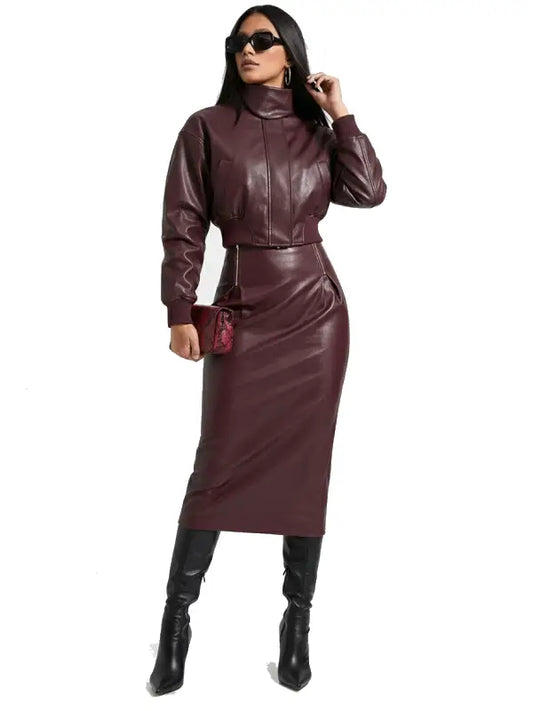 Women’s Maroon Leather Two Piece Set, High Neck Cropped Jacket and Pencil Skirt