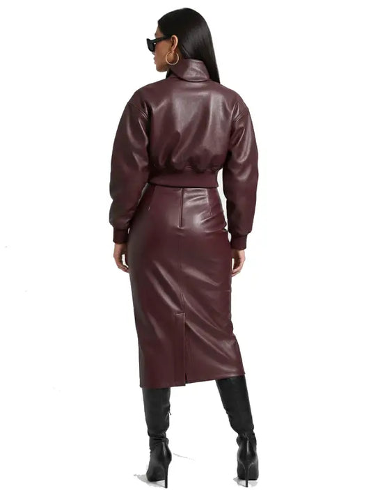 Women’s Maroon Leather Two Piece Set, High Neck Cropped Jacket and Pencil Skirt