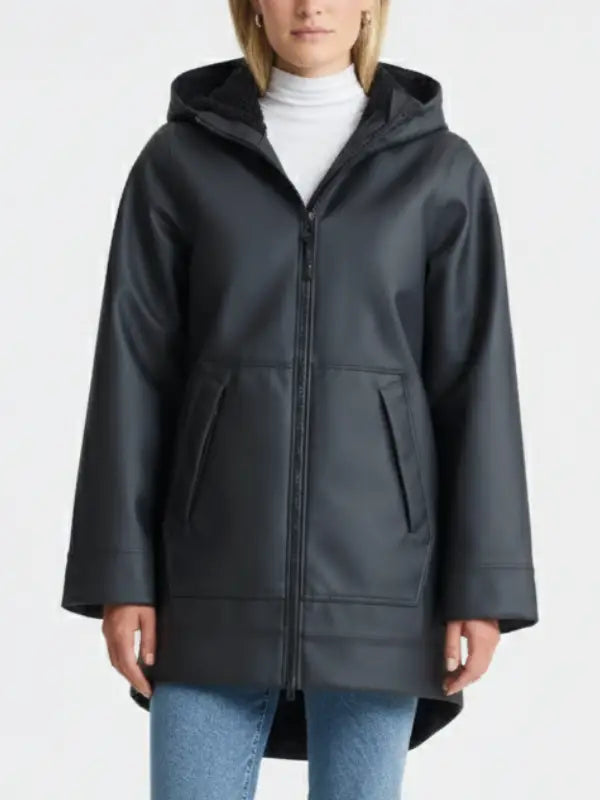 Women’s Black Hooded Leather Winter Coat – Waterproof Long Jacket for Cold Weather